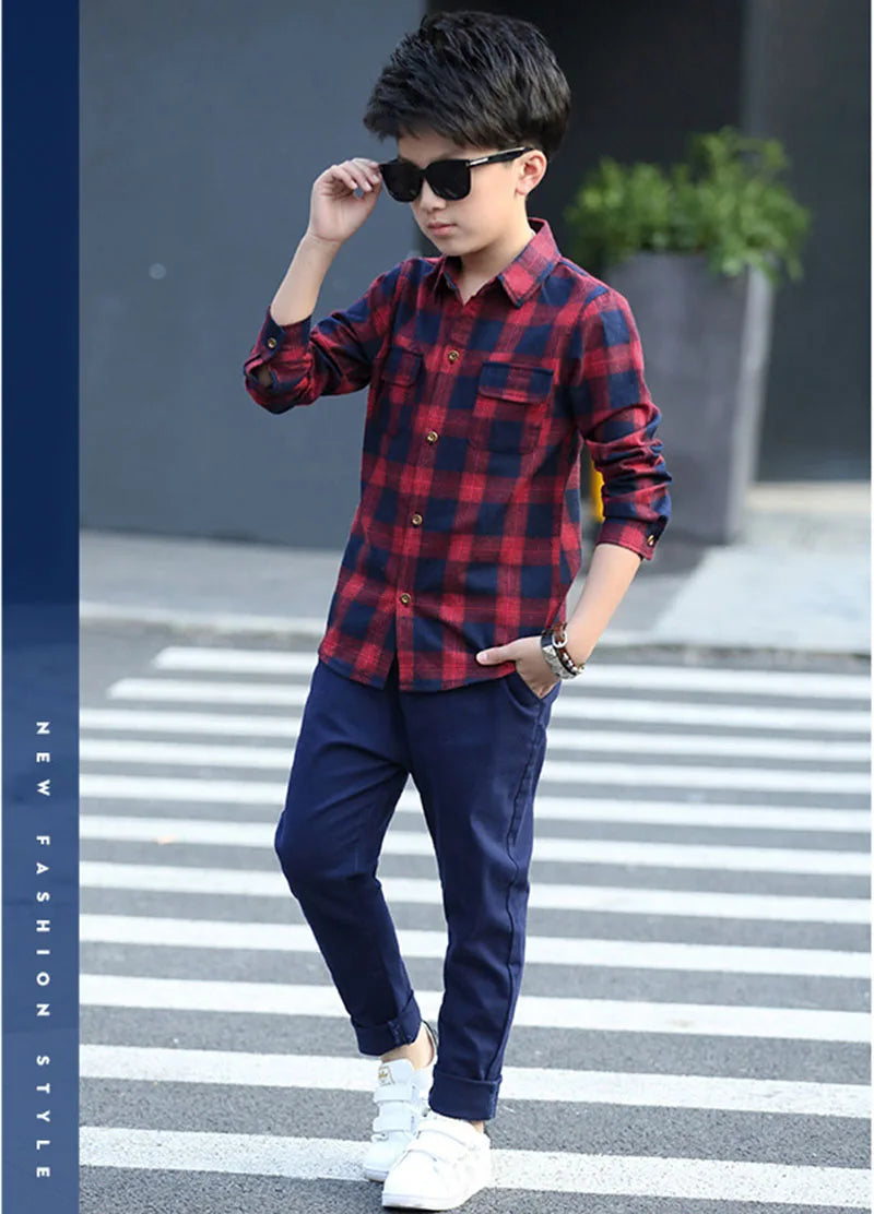 Boys Shirts Fashion Children Plaid Shirts Cotton Long Sleeve Boys Tops Shirt Teenage Kids Boys Clothes 5 6 8 9 10 12 14 15 Years