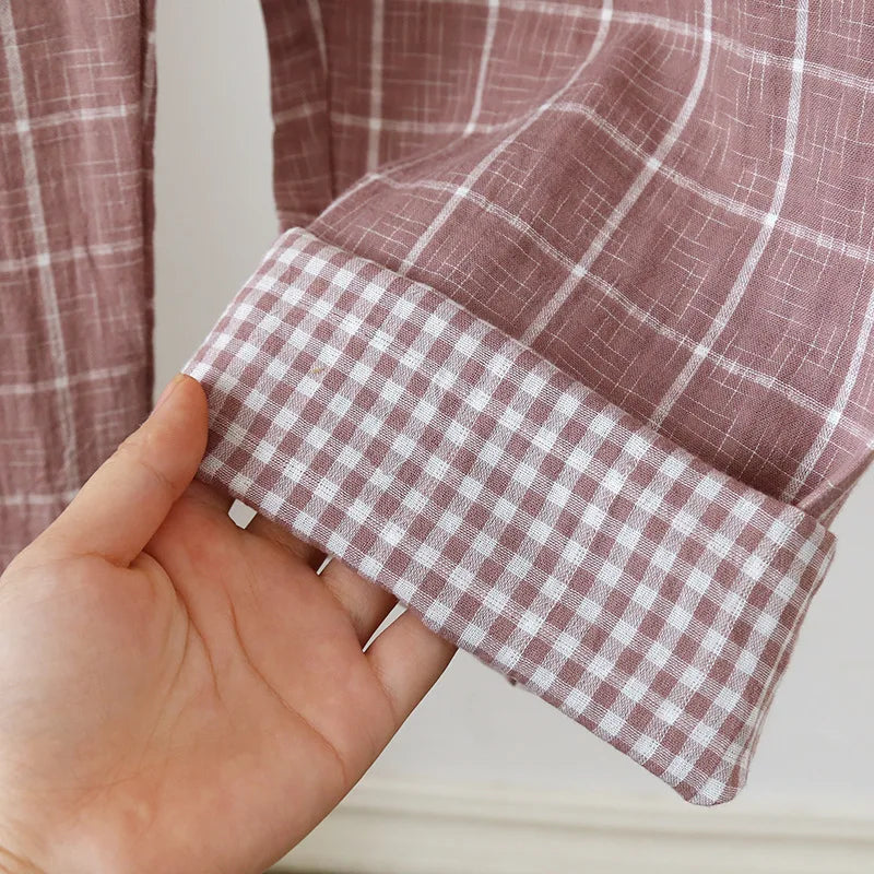2025 Japanese New Men's Spring/Summer Pajama Set 100% Cotton Plaid Long Sleeve Pants Two Piece Set Large Relaxed Home Furnishing