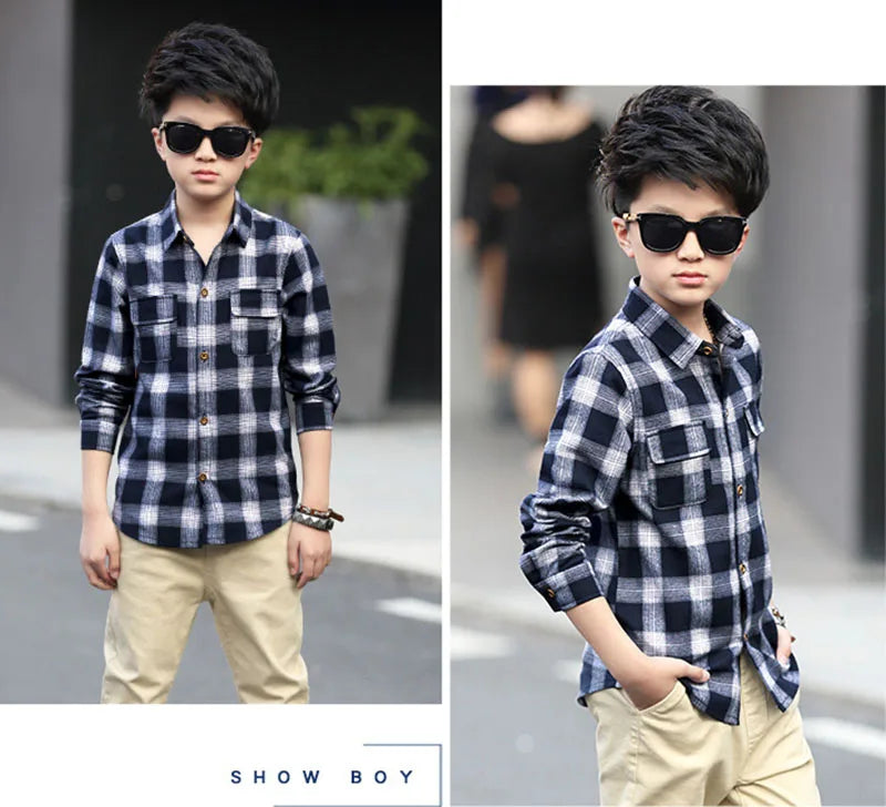 Boys Shirts Fashion Children Plaid Shirts Cotton Long Sleeve Boys Tops Shirt Teenage Kids Boys Clothes 5 6 8 9 10 12 14 15 Years