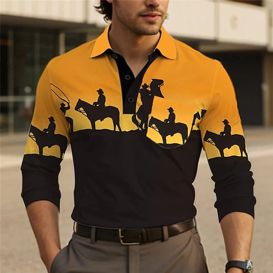 Men's Cowboy Graphic Polo Shirts Casual Long Sleeve Turndown Vintage Outdoor Casual Polo Shirts Streetwear 3D Mens Tshirt Tops