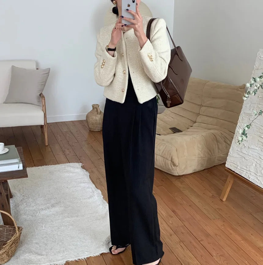 Women Autumn Winter 2025 French Vintage Coat Temperament High Quality Korean Casual Single Breasted Slim Tweed Jackets
