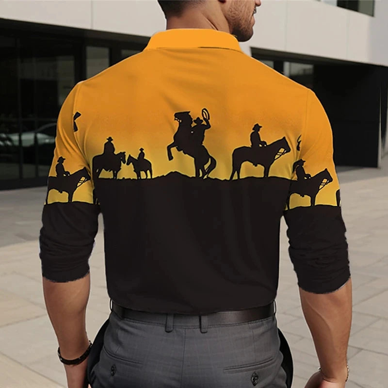Men's Cowboy Graphic Polo Shirts Casual Long Sleeve Turndown Vintage Outdoor Casual Polo Shirts Streetwear 3D Mens Tshirt Tops