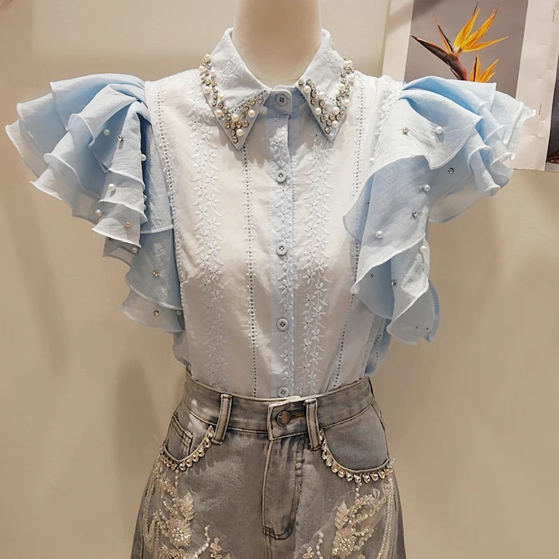 2025 Blusas Mujer De Moda Sweet Blouse Diamond Flying Sleeve Ruffles Pink Shirts Temperament Summer Blouses Tops Women Clothing