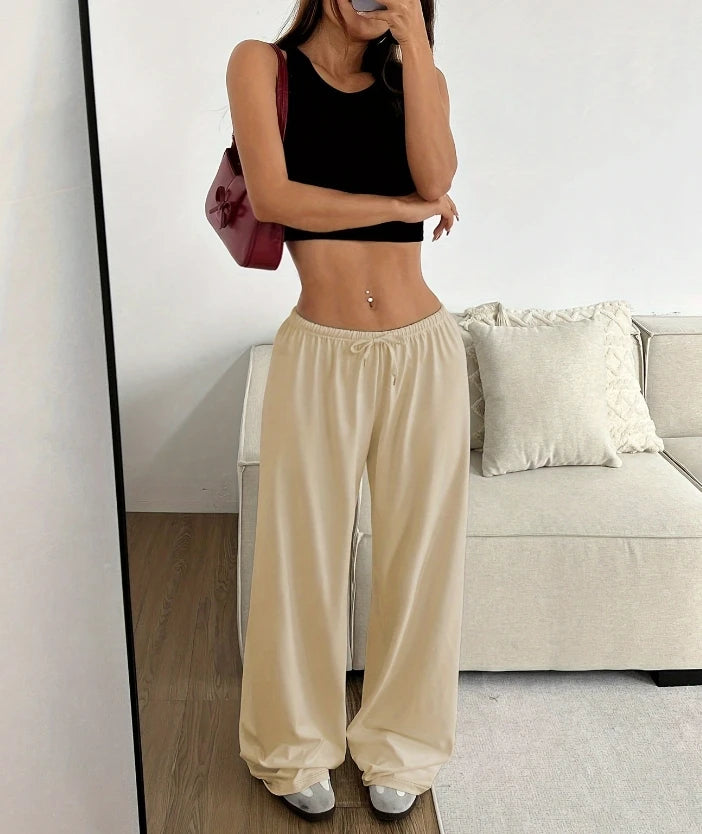 Women's Pants 2024 Spring Fashion Solid Color Low Waisted Casual Elastic Waisted Lace Up Wide Leg Daily Sports Pants