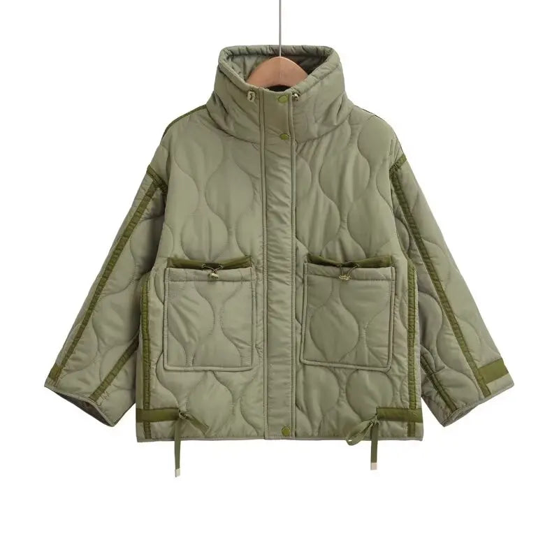 Quilted coat for women ETJ 2024traf QUILTED JACKET WITH TIES new beige drawstring high neck pocket clip cotton jacket for women