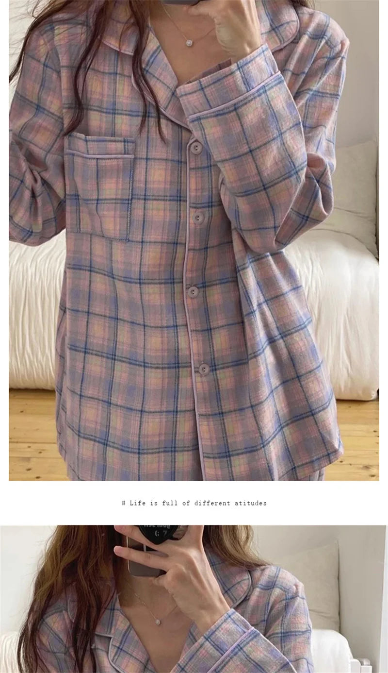Pajamas Female Autumn and Winter Long-Sleeved Sweet Homewear Two-Piece Tide Cardigan Lapel Plaid Homewear 1