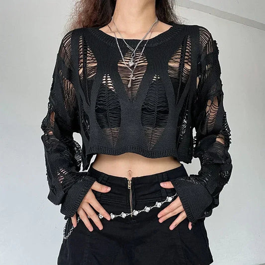 Vintage Hole Ripped Knitted Smock Tops Sexy Fashion Cropped Pullover Hollow Out Spring Autumn Sweater Knitwear Y2k Top Clothes