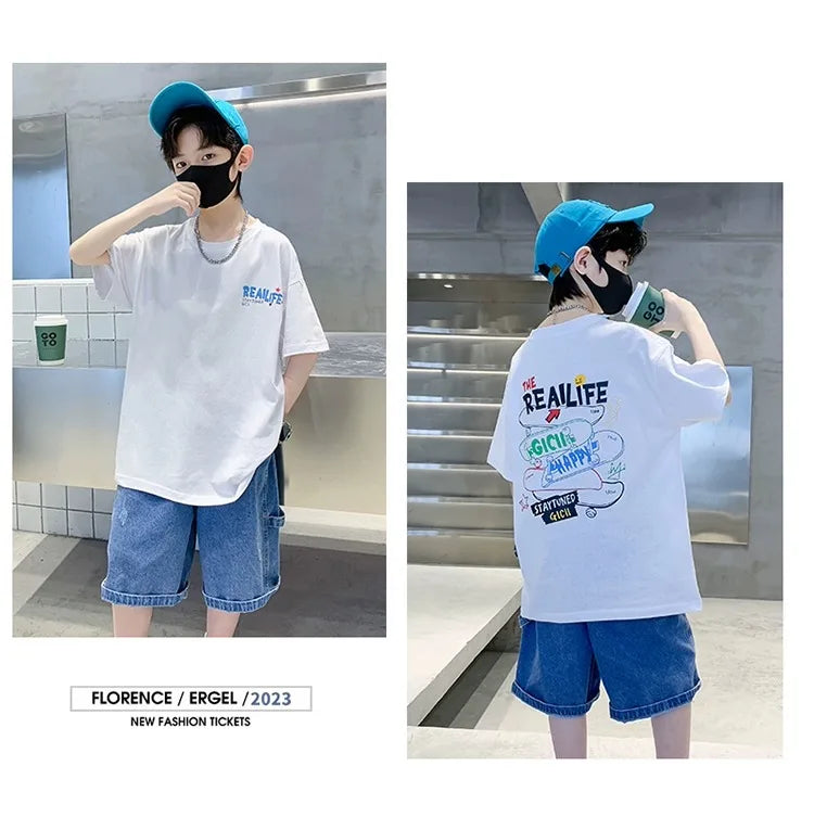 Summer Kids Clothes Streetwear Fashion English Skateboard Print T Shirt 100%Cotton Tops Tees Children Short Sleeve Boys Clothes