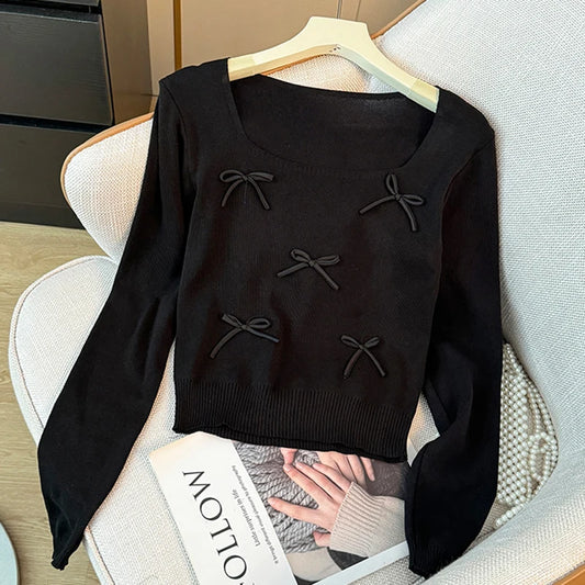 Women Bow Cute Knitted Crop Tops Long Sleeve Square Collar Slim Black Pullover Sweater Female 2025 Autumn And Winter