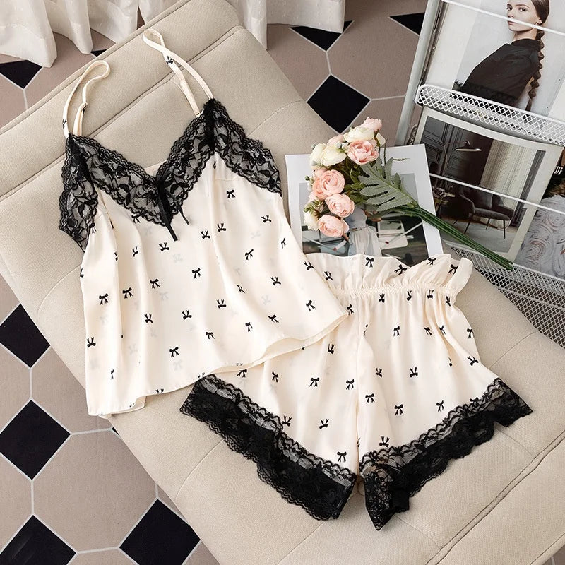 2024 New Sexy Floral Print Pajamas Women's Nightwear Lace V-Neck Ice Silk Pijama