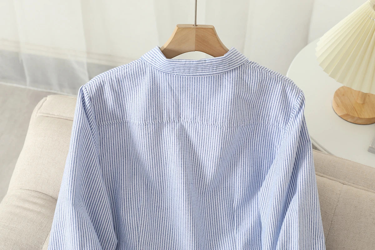 Casual Cotton Women's Oxford Shirt 2024 Autumn New Good Quality Woman Blouse and Tops Lady White Blue Striped Shirts Clothes