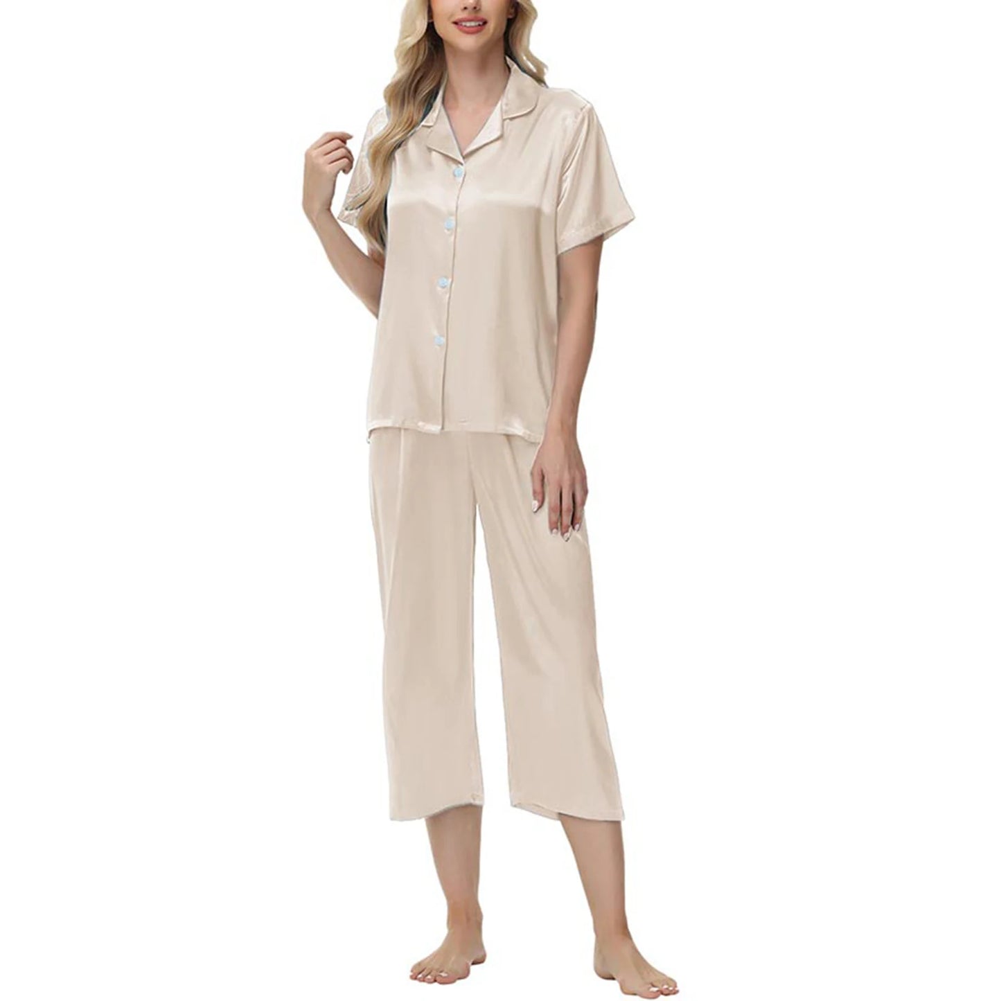 Women'S Pajama Set Burgundy Silky Fabric Short Sleeve Fashion Pants Home Clothes Bedroom Leisure Scene Stay At Home