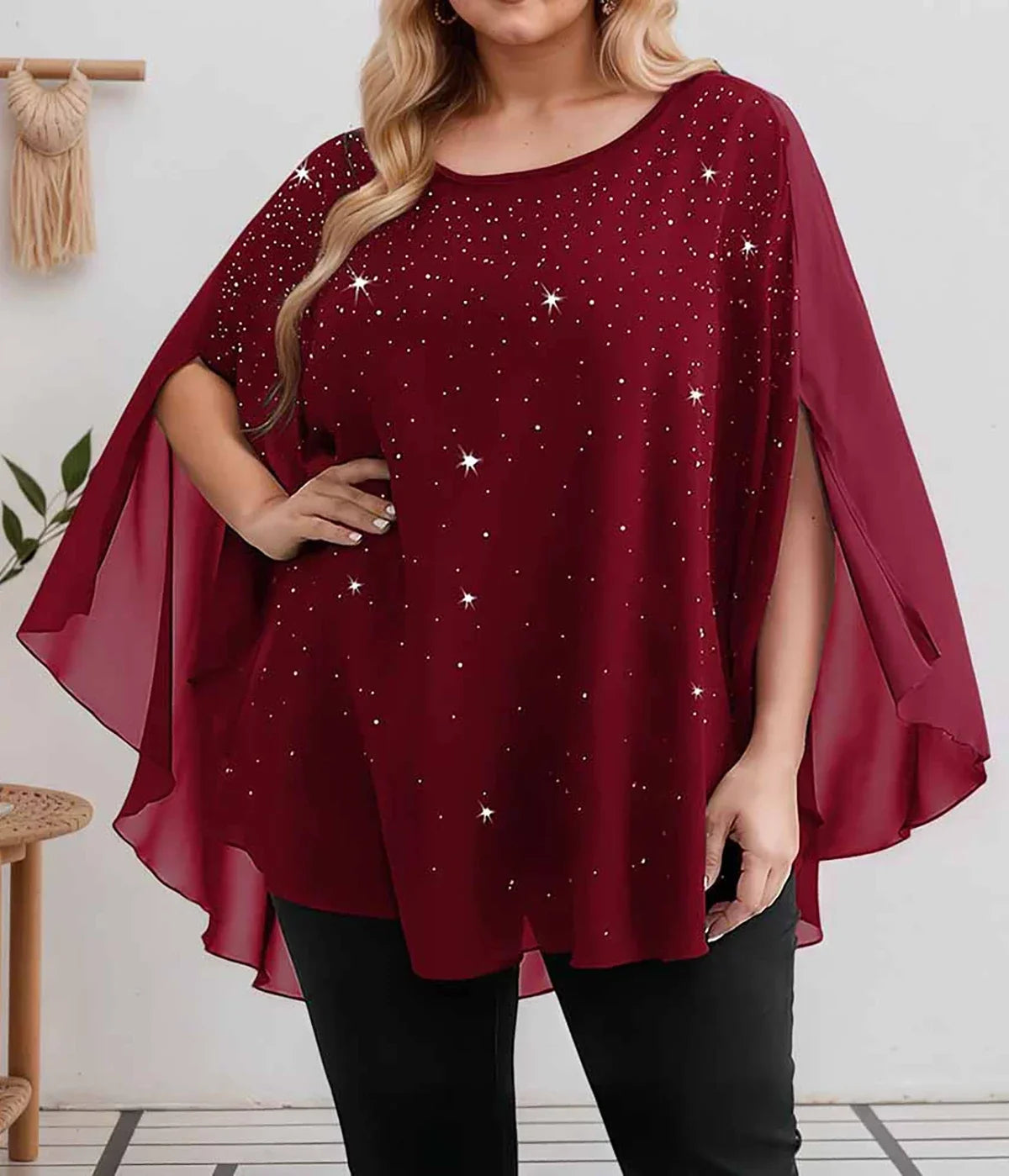 Baby's Breath Printed Women Plus Size Blouse Casual Crew Neck Split  Chiffon Pullover Summer Female Smock Mesh Loose Tops Shirts