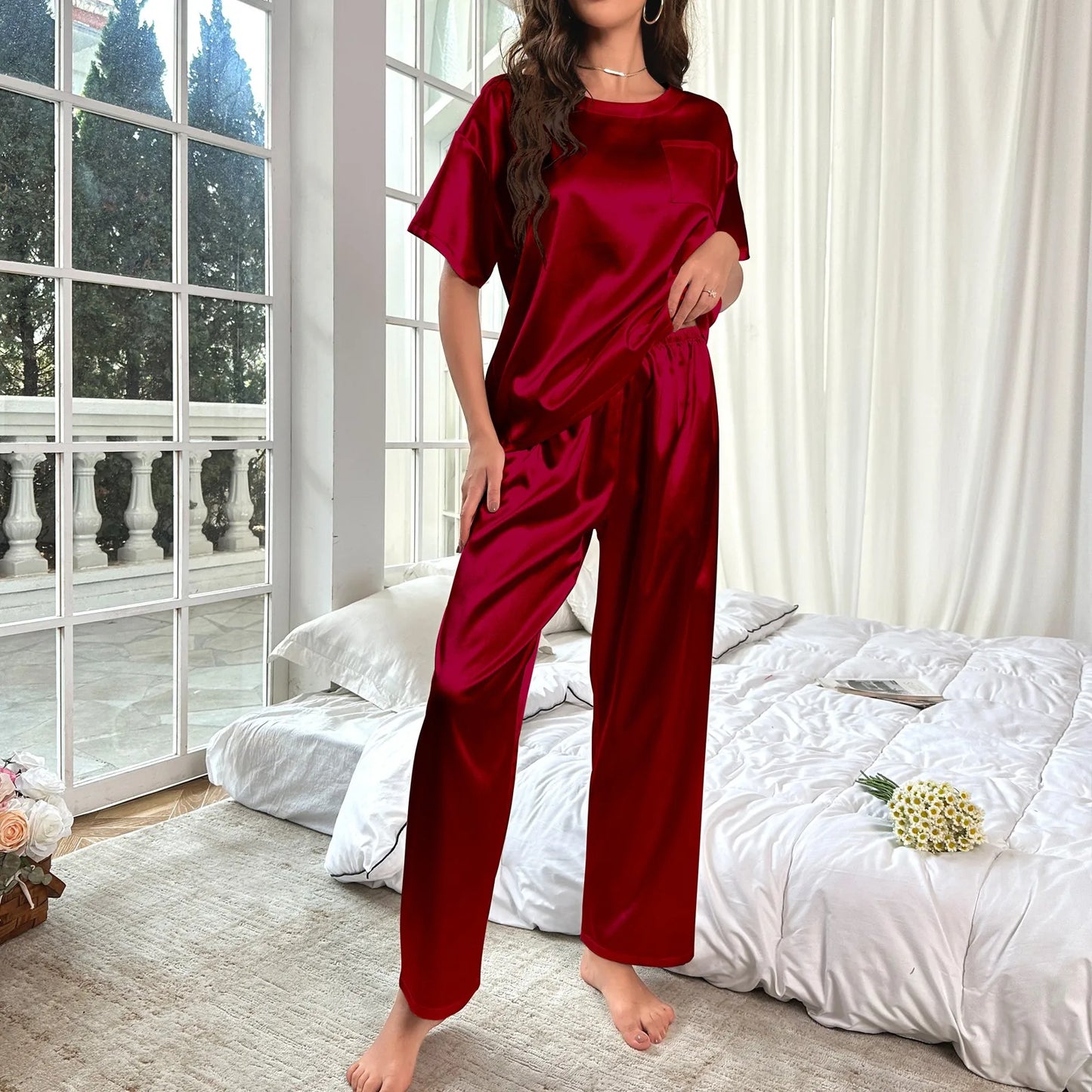 High Quality Casual Ice Silk Loose Pajamas Set Short Sleeved Long Pants Comfortable Pajama Set Daily Home Clothes Pajama Set