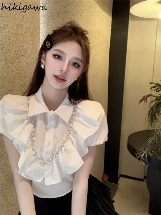 White Women Blouses 2025 Blusas Mujer De Moda Puff Sleeve Slim Fit Heavy Diamond Crop Tops Ruffles Sweet Summer Blouse Shirts