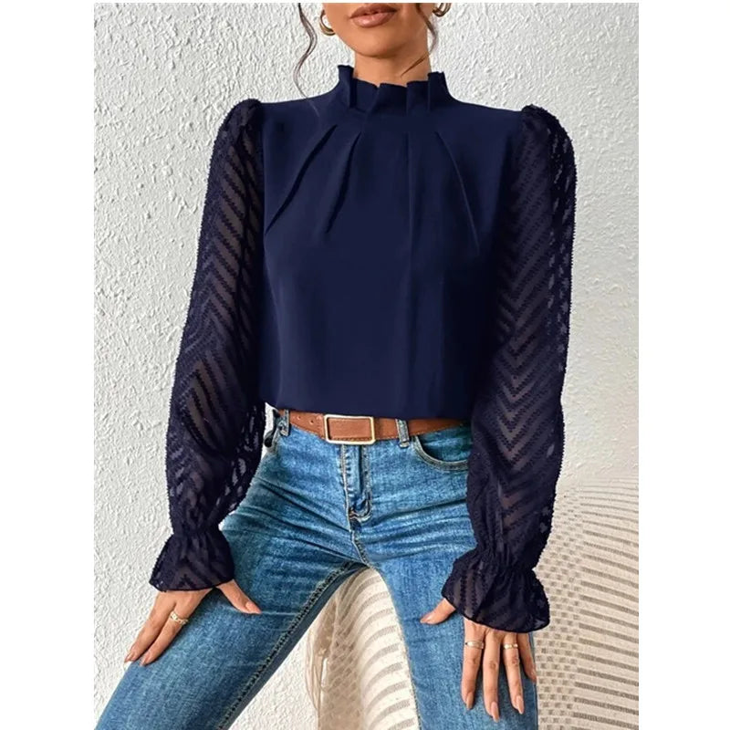 Elegant Women's Shirt Office Lady Blouse 2023 Autumn Half High Collar Panel Wave Chiffon Long Sleeve Top Women's Shirt S-XXL