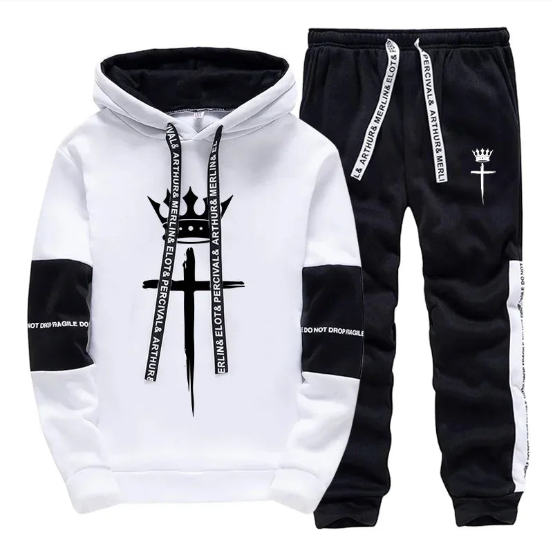 Cross Crown Print Sweatshirts Sweatpants High Quality Street Fashion Tracksuit 2025 Fall/winter Men's Sportswear 2pcs Set