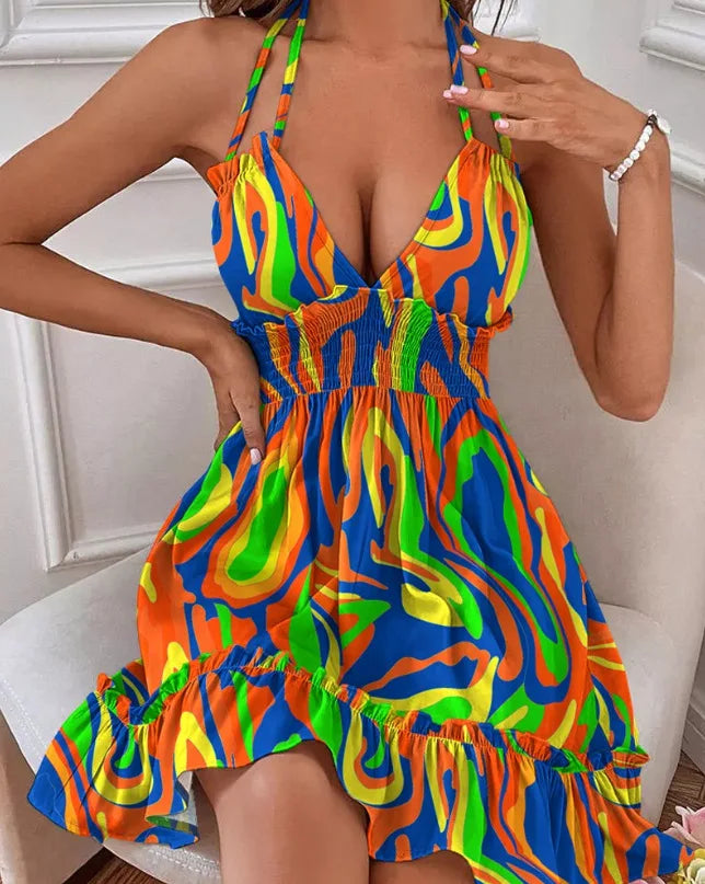 Women's Clothing European Dresses popular deep V-rope suspender black fungus edge parallel wrinkled seam backless sexy dress