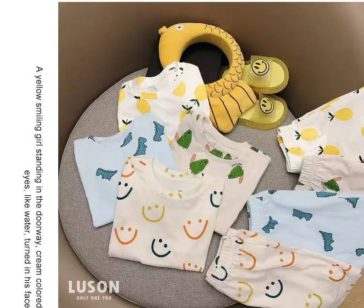 Summer Home Clothes Air-conditioned Clothes Boys and Girls Ice Silk Fabric Loose Short Sleeved Shorts Two-piece Set of Pajamas