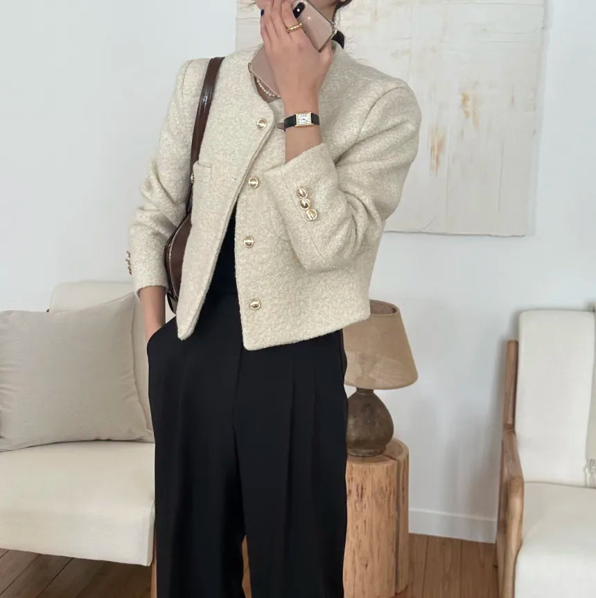 Women Autumn Winter 2025 French Vintage Coat Temperament High Quality Korean Casual Single Breasted Slim Tweed Jackets