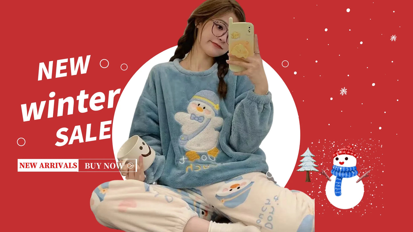 Autumn Winter Flannel Women's Pajamas Sets Polka Dots Printed Teddy Sleepwear Velvet Homewear Kawaii Girsl Pijamas Mujer Pyjama
