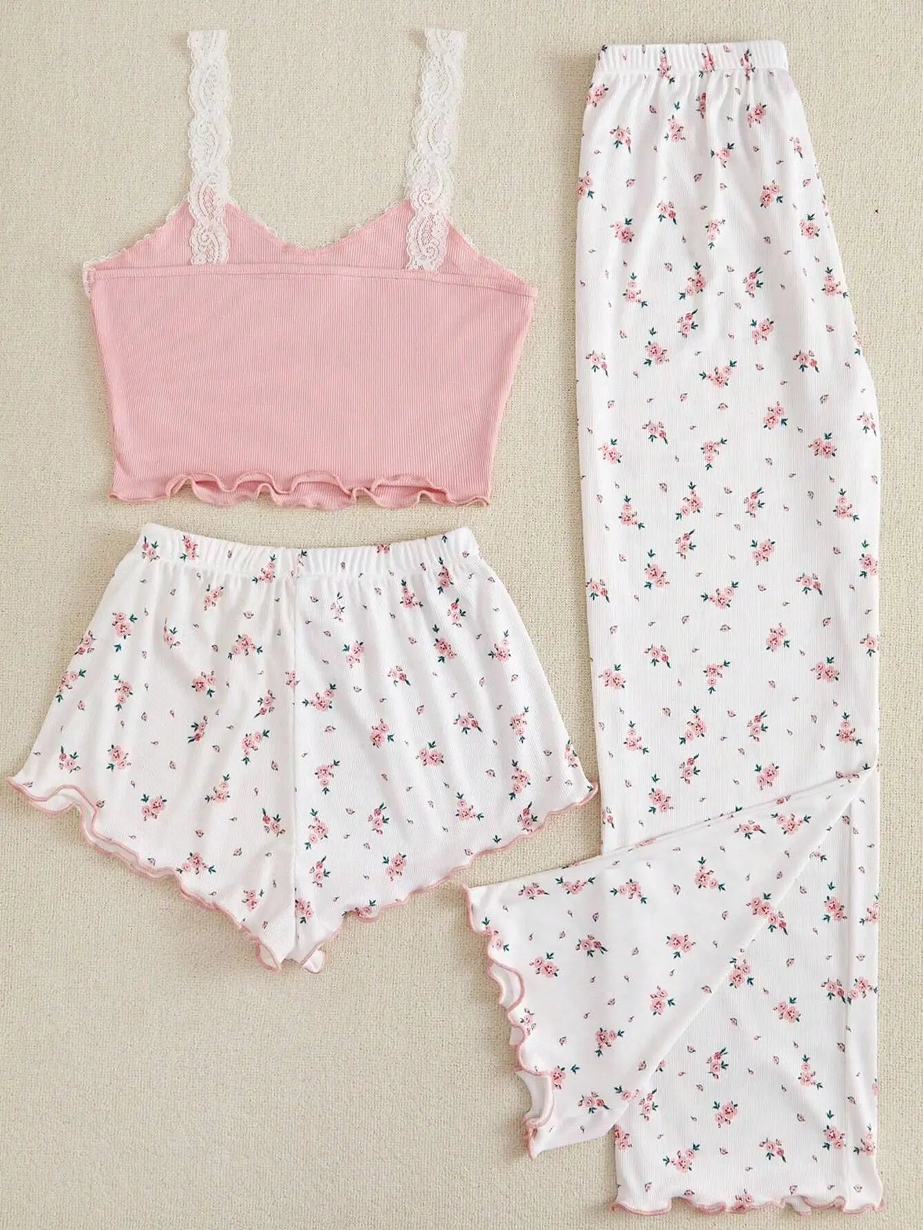 Pajama Sets Women Three Pieces Set Tank Tops Print Shorts Long Pant Suits Casual Sleep Lounge Sweet Lady Sleepwear Summer