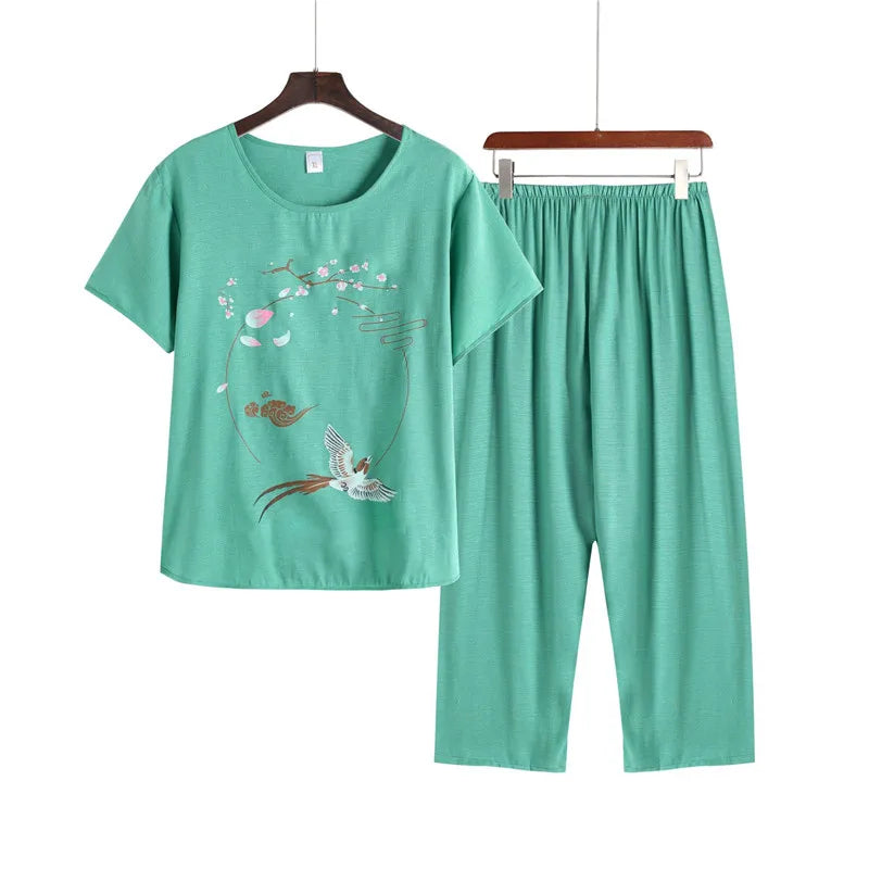 Pyjama Pour Femme Casual Cotton Linen Sleepwear Set Vintage Printed Middle Aged Mother Short Sleeve Pajamas Women Home Suit