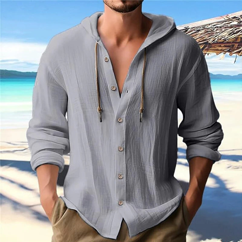 Summer Men's Cotton Linen Shirt Solid Streetwear Long Sleeve Hoodie Clothing For Men Button Tops Casual Loose Men Hooded Shirt