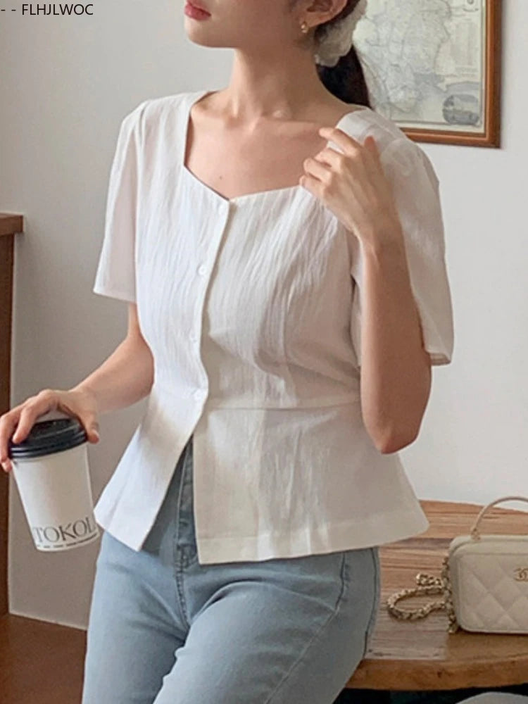 Cotton Linen Short Crop Tops Blouses Retro 2025 Summer Girls Chic Korea Woman Slim Fitted Bodycon Slit Peplum Top Button Shirts