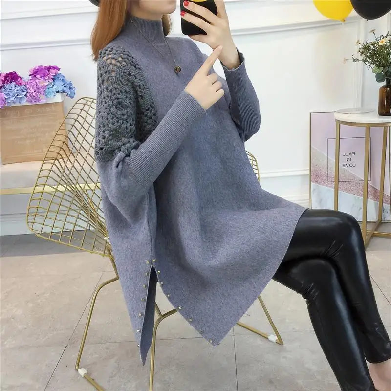 Autumn and winter loose bat pullover half high neck knitted sweater women's new shawl cape nail bead hook flower coat