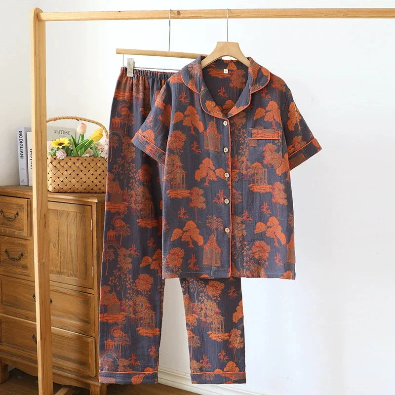 Summer Pijama Cotton Pajamas Set Middle Aged Mother Women 2 Piece Set Outfit Jacquard Home Wear Trousers Short Sleeve Sleepwear