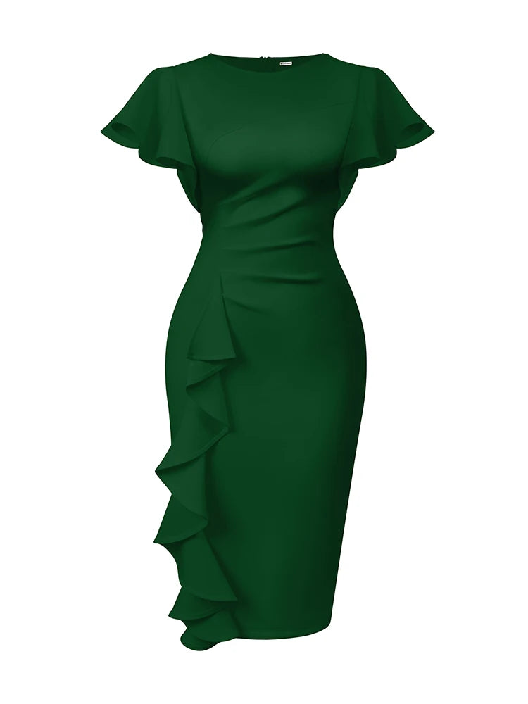 Women's Formal Evening Gown Slim Dress Ruffle Decoration Elegant Mid-Length Dress for Cocktail Parties Banquets