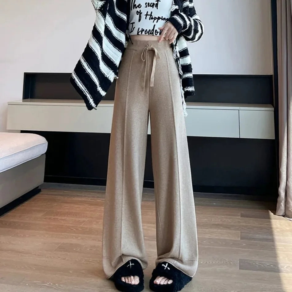 Women's Pants Autumn Winter New Versatile Thickening Keep Warm Knitted Pant Fashionable Casual Loose High Waisted Wide Leg Pants
