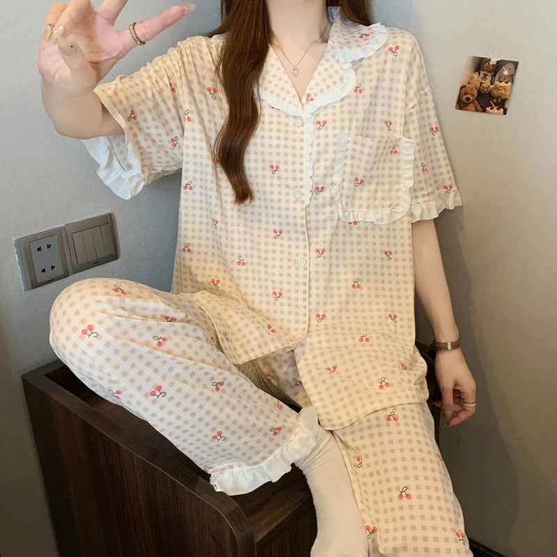 Women's Pajamas Cherry Plaid Print Sleepwear Button Top Korean Casual 3 Piece Suit Pyjama Femme Nightwear Loungewear for Summer