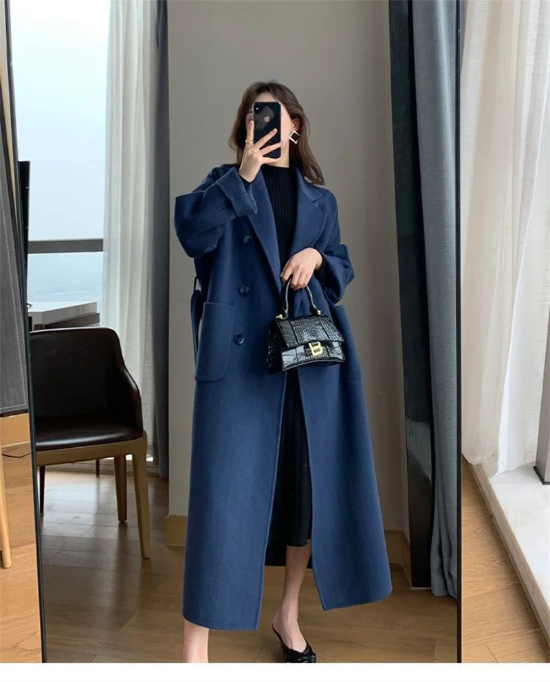 Women‘s Coat Winter Korean Fashion Long Coated Thickened Woolen Winter Coat for Women Black Coat Harajuku