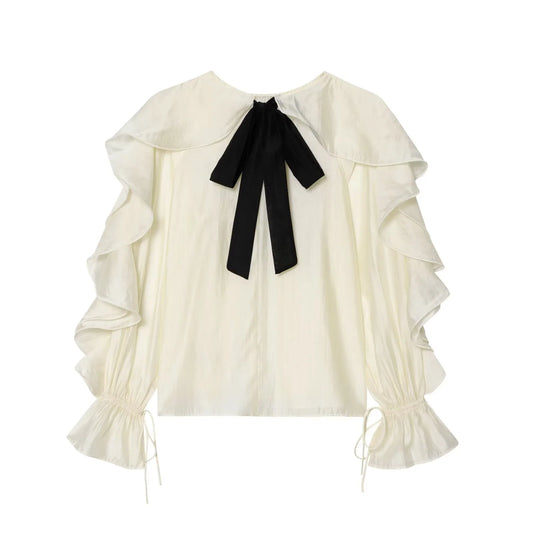 Summer 2025 new women's clothing with European and American style temperament contrasting color ribbon ruffle edge cover shirt