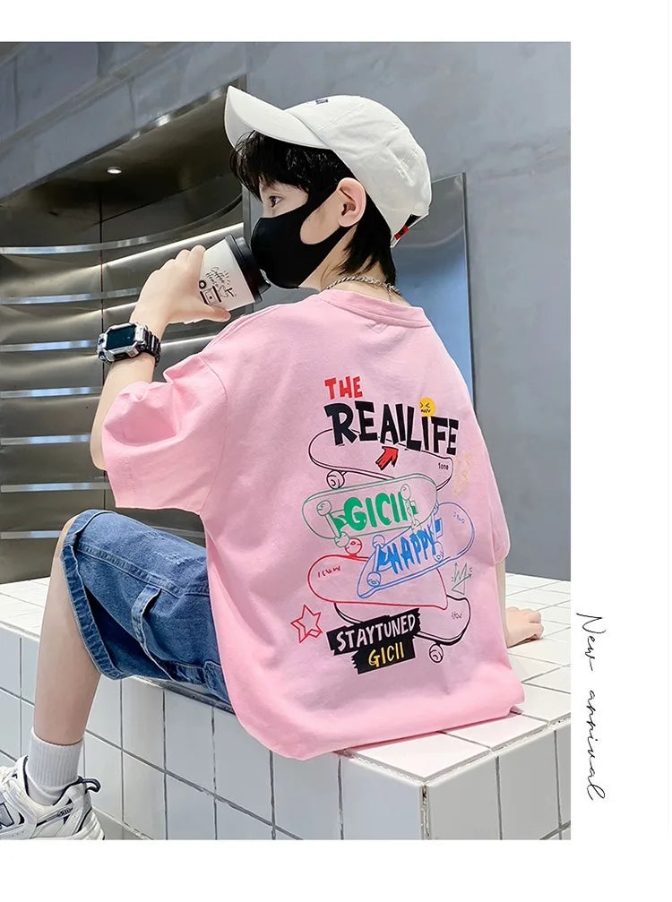 Summer Kids Clothes Streetwear Fashion English Skateboard Print T Shirt 100%Cotton Tops Tees Children Short Sleeve Boys Clothes