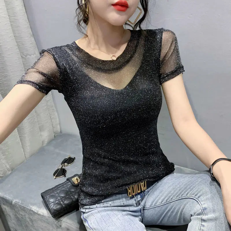 Summer Women Clothing 2025 New Half-sleeved Fashionable Short-sleeved T-shirt Hollow Mesh Top Lace Pullover