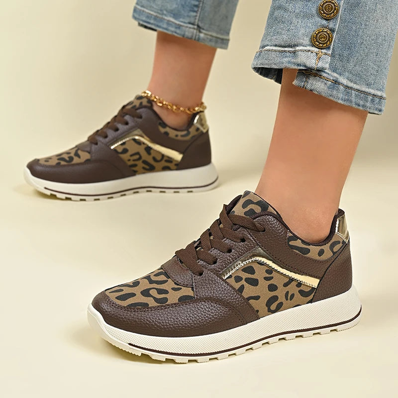 2025 Spring Leopard Print Platform Sneakers Women Black Thick Bottom Vulcanized Shoes Woman Cozy Lace Up Wedge Sport Shoes Woman