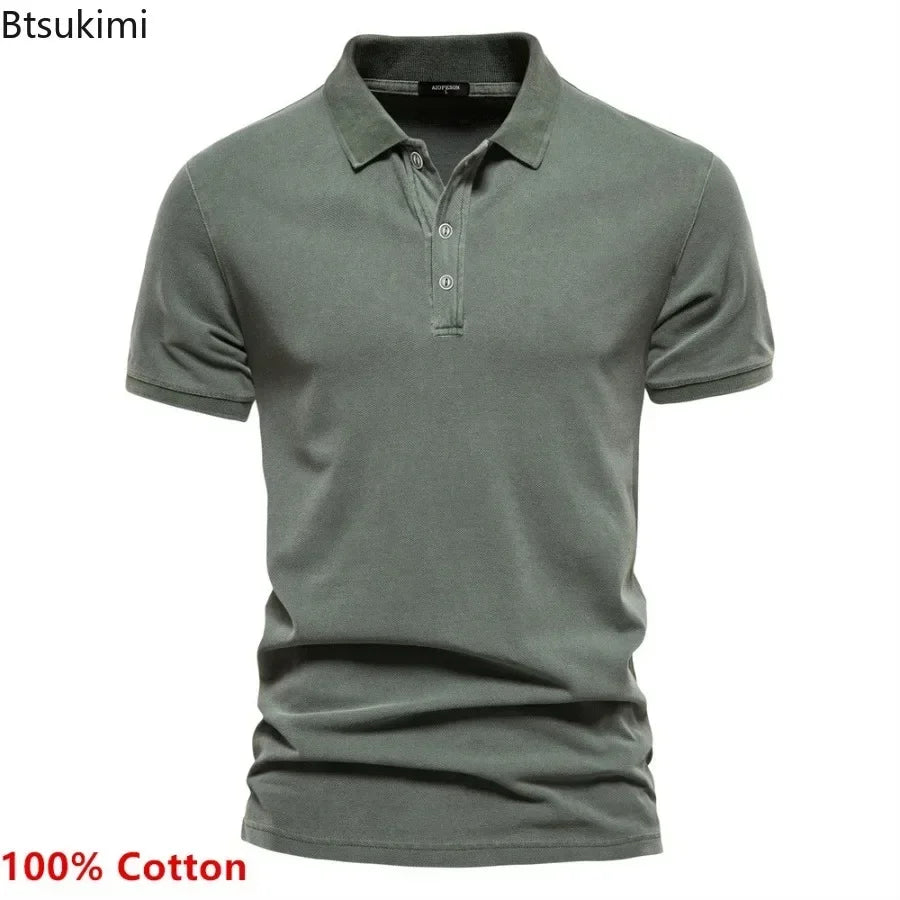 2025 Men's Summer Short Sleeve Lapel Polo Shirts 100% Cotton Solid Slim T-shirts Fashion Casual Business Golf Sport Tops for Men