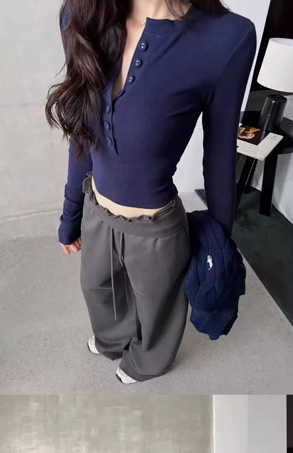 Polo Neck T Shirt for Women Sexy Crop Top Button Long Sleeve Woman Tshirt Slim Black Youthful Elegant Synthetic Aesthetic Luxury