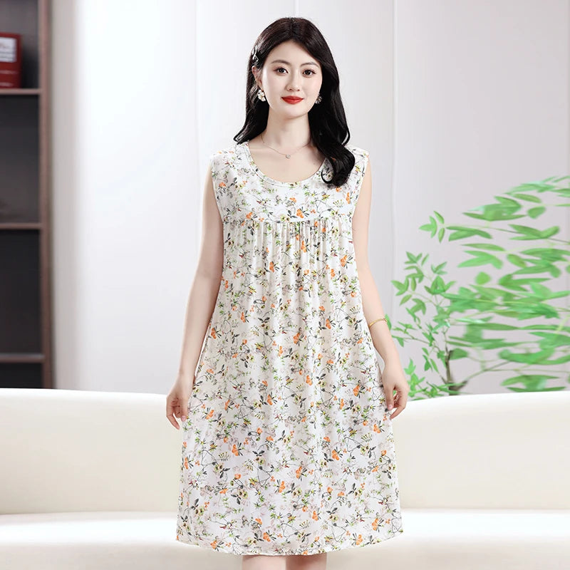 2025 New Women's Spwear Cotton Silk Nightgown round Ne Mid-Length Svel Dr Artificial Cotton Home Clothes