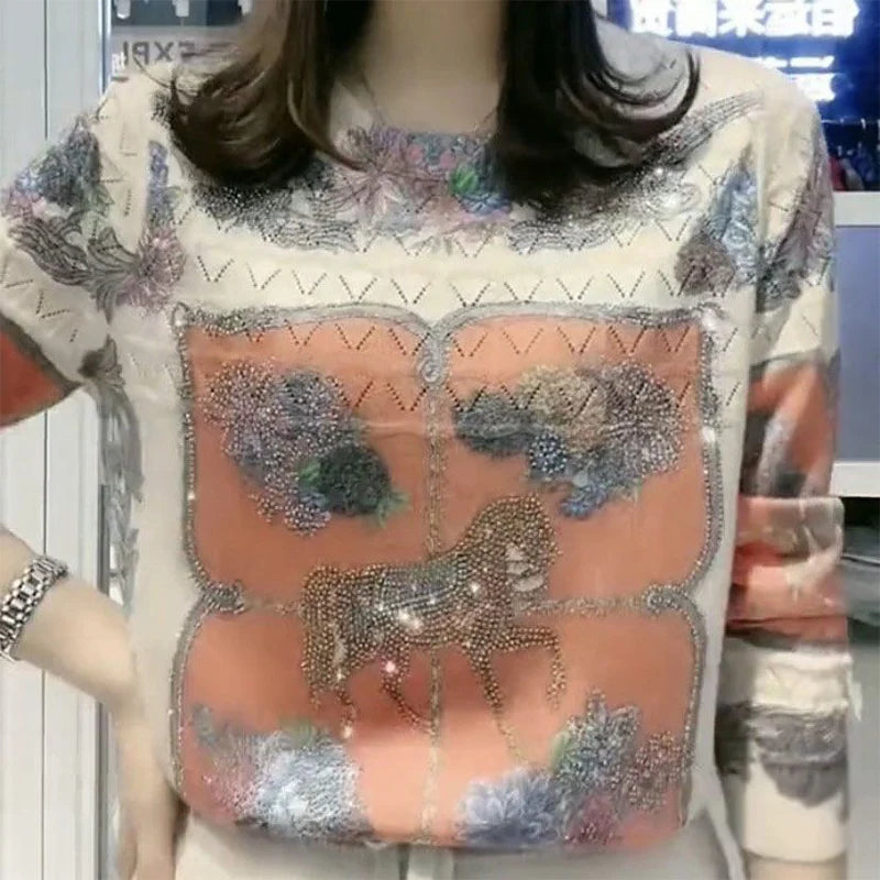 Autumn Winter Oversized Diamonds Print Loose Casual Sweater Women Round Neck Elegant Knitting Pullover Fashion All-match Top