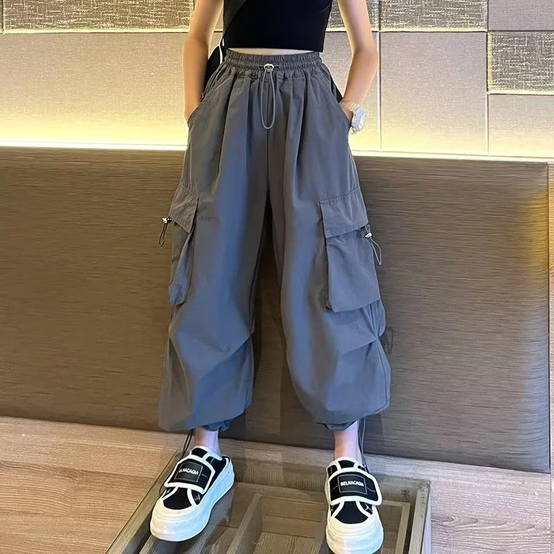 Girls' High Waist Straight Trousers Kids Fashion Hip Hop Joggers Cargo Pants Children Cool Spring Autumn Drawstring Sweatpants