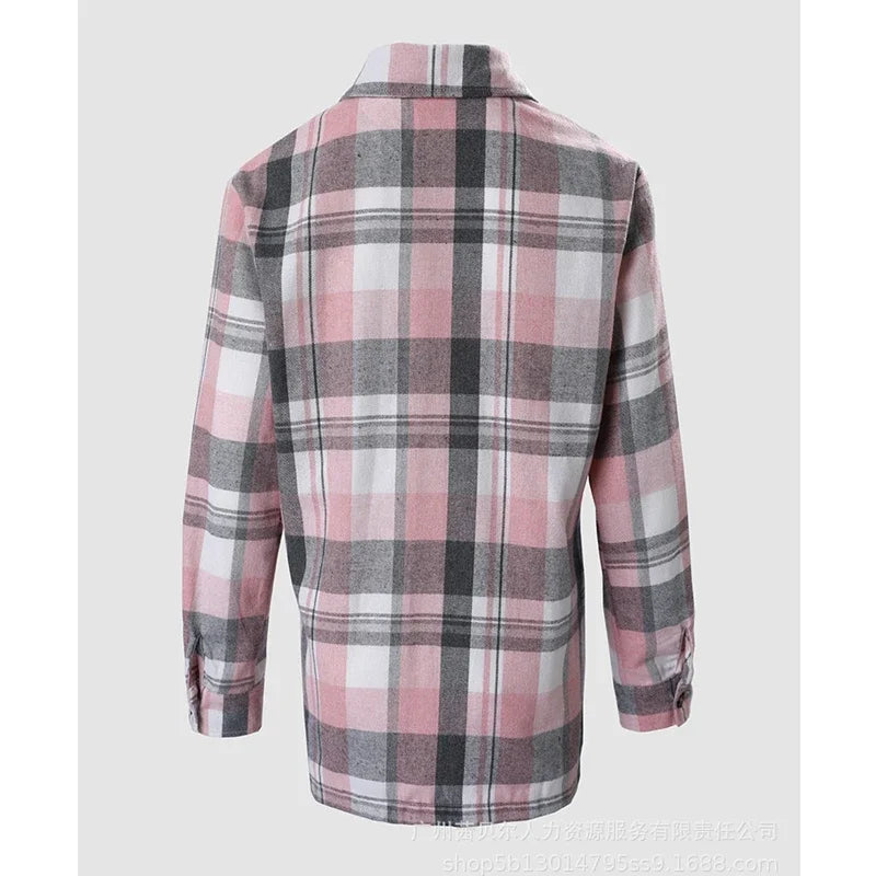 Women Coat Spring New Loose Plaid Pocket Splicing Shirt Coat Women Long Sleeve Single-Breasted Cardigan Turn-down Collar Coat