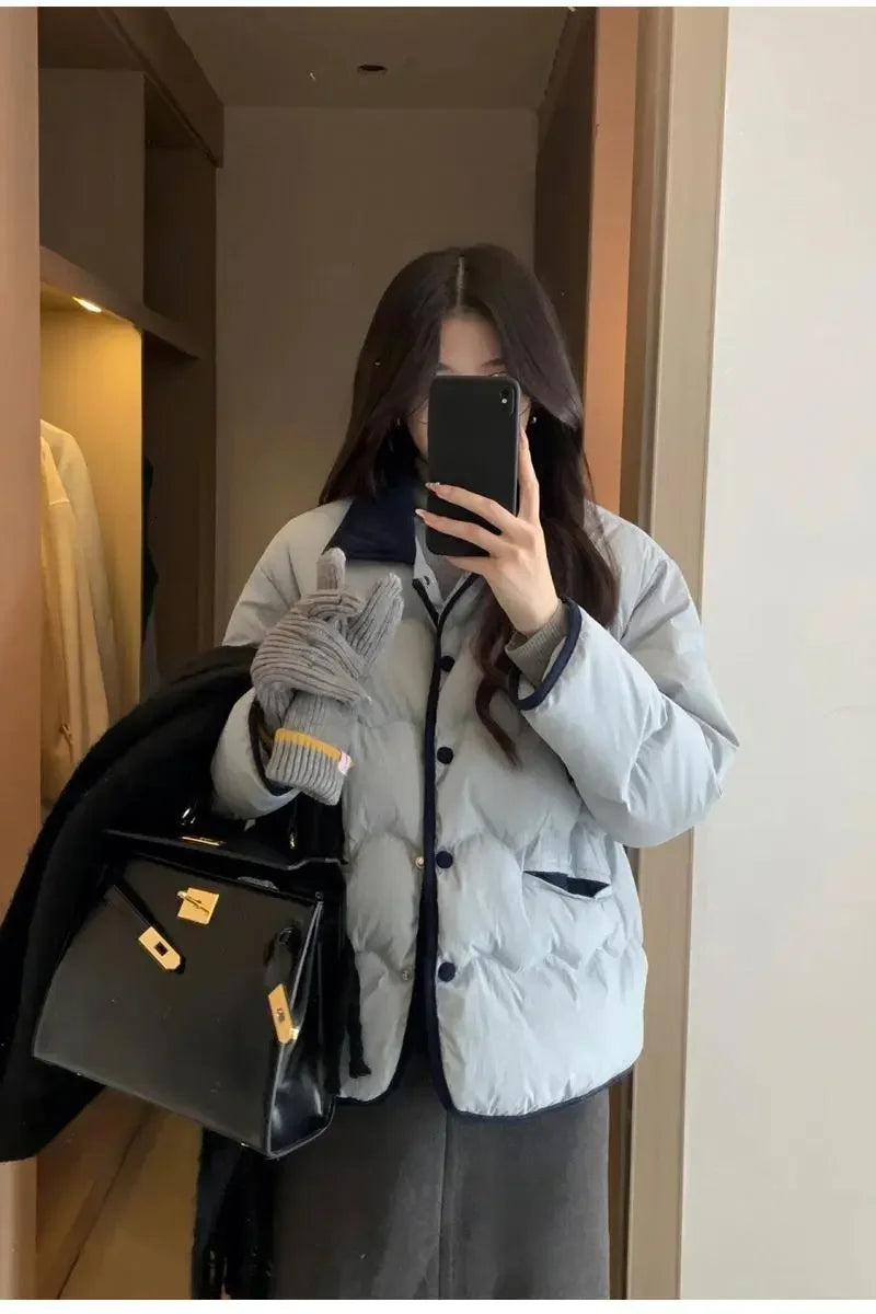 Women Casual Down Coats Korean Fashion Cotton Padded Jacket Female Autumn Winter Long Sleeve Single Breasted Warm Solid Coat