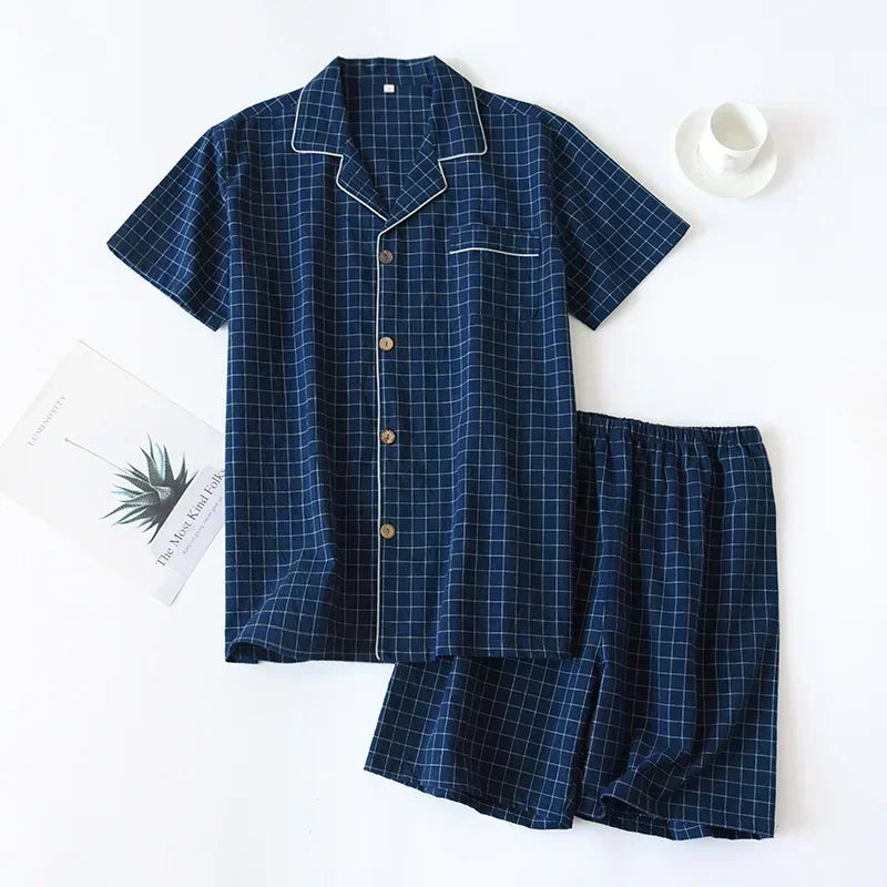 New2025 Men's Summer PajamasThin Short-sleeved Shorts Soft Cotton Simple Japanese Plaid Home Service Suit Pantalon Pijama Hombre