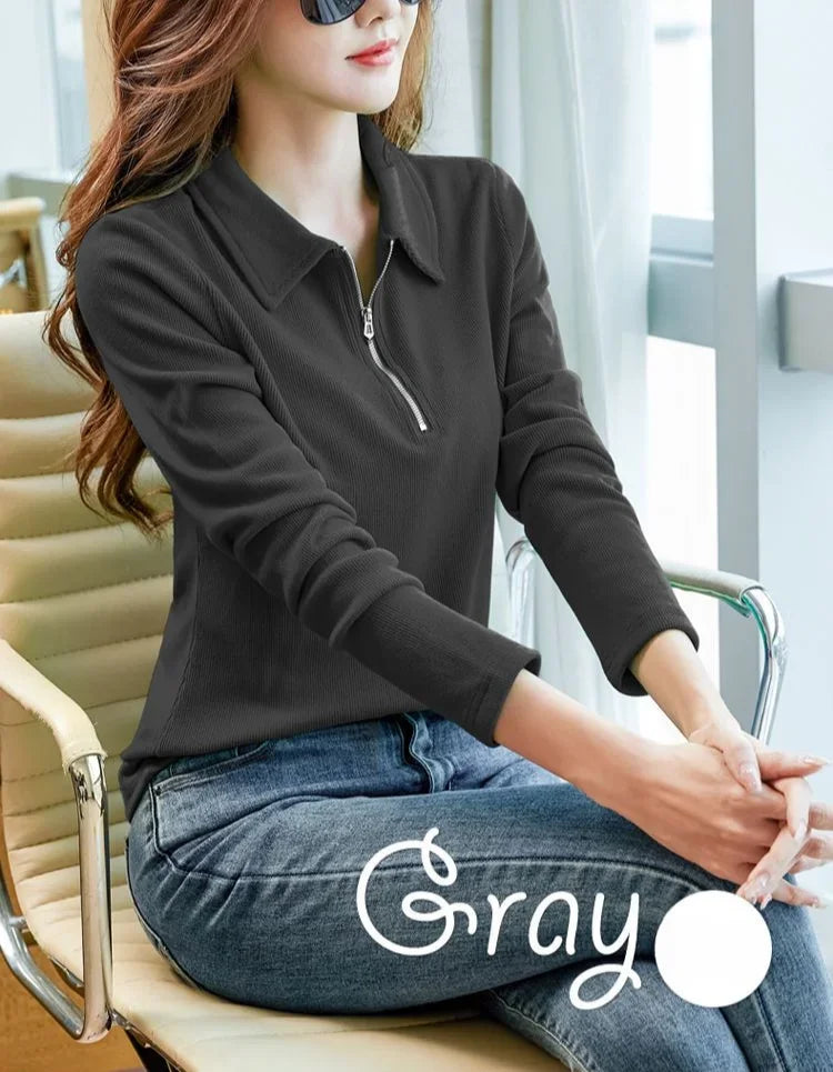 Polo Neck T Shirt for Women Long Sleeve Woman Tshirt Autumn Winter Slim Shirts Youthful Elegant Clothing Trend 2025 Polyester In