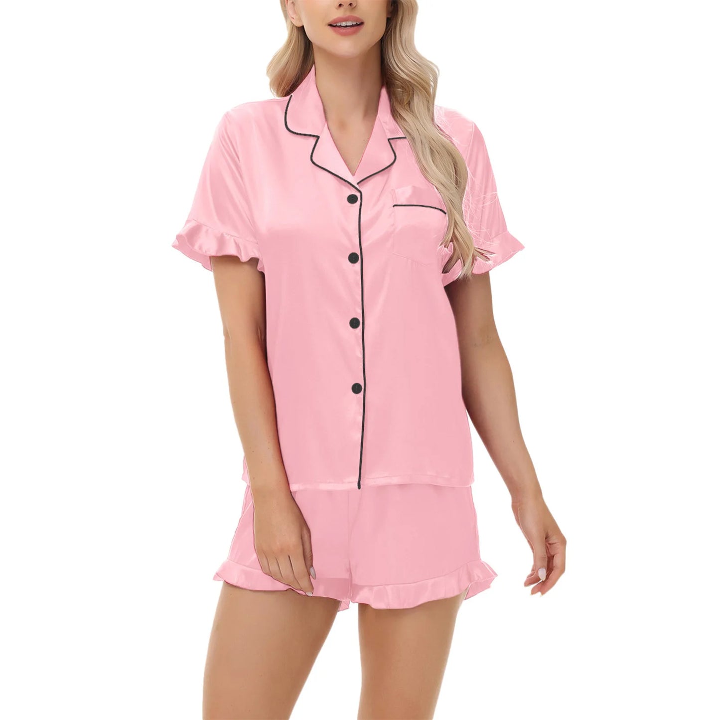 Luxurious Short Sleeve Satin Pajama Women Daily Home Wear Sleepwear Imitation Silk Lounge wear Button-Up Lapel Collar Nightwear