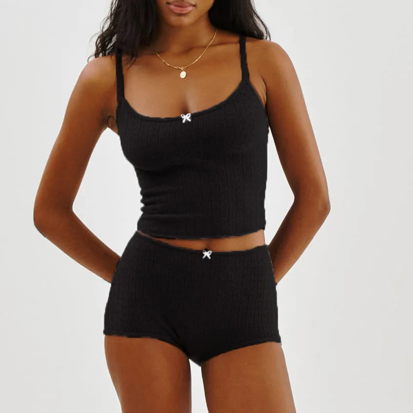 hirigin Women 2 Piece Cotton Lounge Set Long Sleeve/Spaghetti Strap Ribbed Knit Crop Top Bodycon Shorts Solid Pajama Sleepwear